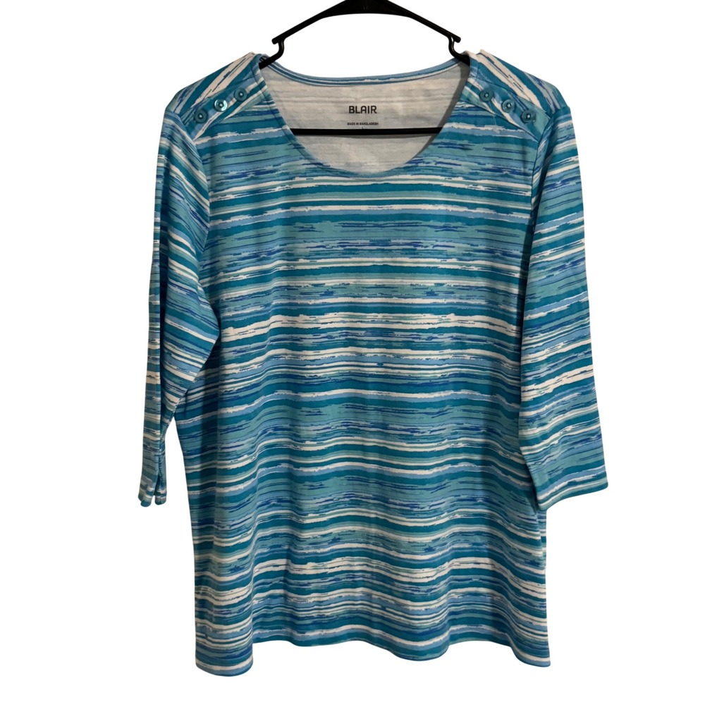 Blair Womens Large Blue White Striped 3/4‎ Sleeve Boat Neck Button Shoulder Top